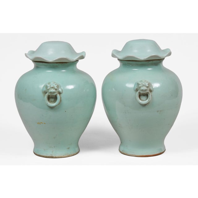 Chinese Late 19th Century Pair Chinese Celadon Vases With Lids For Sale - Image 3 of 9