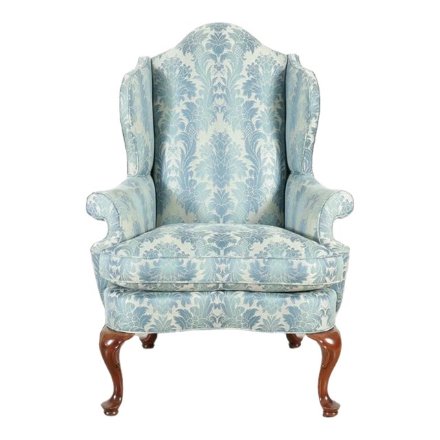 Mid 20th Century Southwood Philadelphia Queen Anne Style Mahogany Wing Blue Damask Fabric For Sale