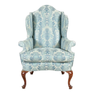Mid 20th Century Southwood Philadelphia Queen Anne Style Mahogany Wing Blue Damask Fabric