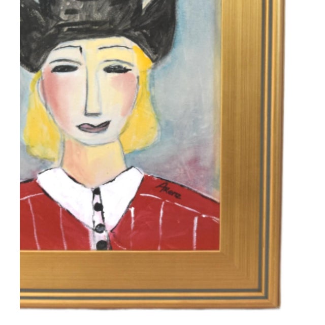 Original one-of-a-kind folk art oil painting of a cowgirl with a hat on stretched artist canvas. The talented artist "Ruth...