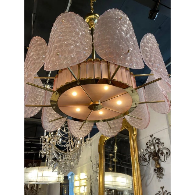 Italian Pink Murano Glass and Brass Chandelier For Sale - Image 4 of 8