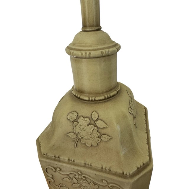 Mid 20th Century Chinoiserie Plaster Table Lamp Raised Bird Floral Relief Cream For Sale - Image 13 of 17