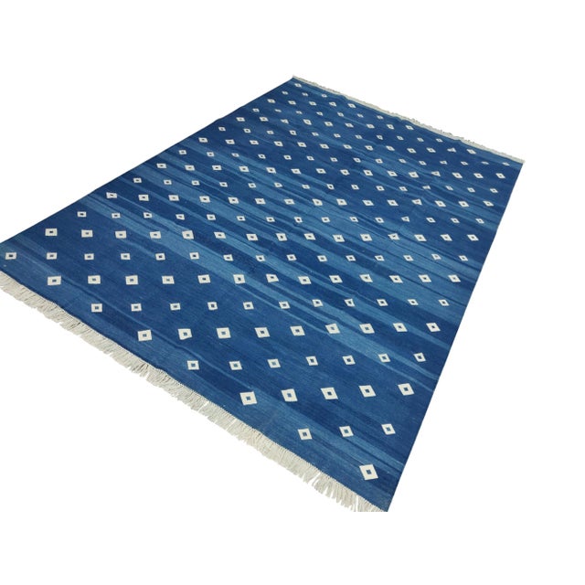 Textile Handmade Cotton Diamond Rug, Blue And White 8'x10' For Sale - Image 7 of 7
