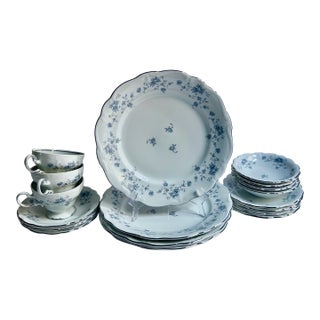 Circa 1970s Johann Haviland "Blue Garland" Porcelain & Platinum Dinnerware Set- 18 Pieces For Sale