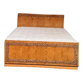 Stunning and Very Rare Hand Carved 1950's Bird's Eye Maple XL Full Size Bed For Sale
