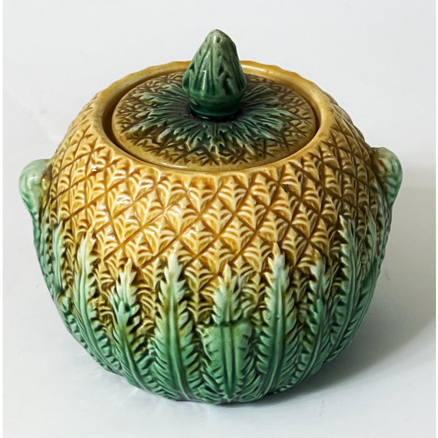 Victorian Antique 19th C Majolica Pineapple Pattern Creamer & Sugar C1880s. For Sale - Image 3 of 12