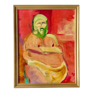 Late 20th Century Vintage Figural Male Oil Portrait Painting Framed, Studio Ghibli Style
