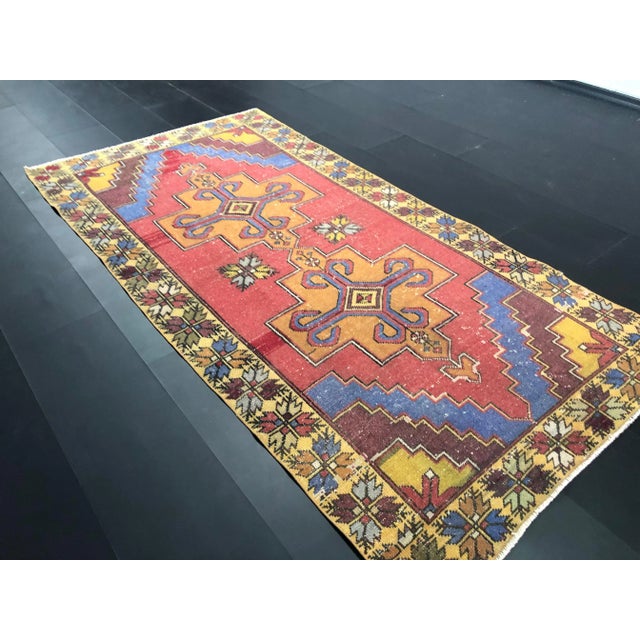 Tribal Red Orange and Yellow Faded Oushak Turkish Traditional Vintage Tribal Area Rug For Sale - Image 3 of 11