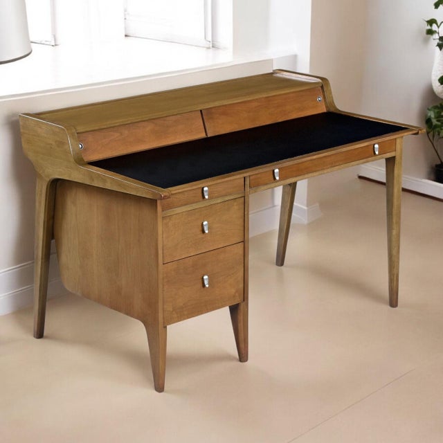 Mid-Century Modern Restored John Van Koert Drexel Profile Leather Top Desk With File Drawer For Sale - Image 3 of 14
