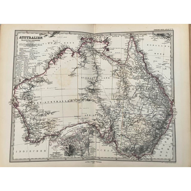 This is nice double page map of Australia with Sydney in the inset. Title: Austrtalien; Created by: A Stieler, 1878,...