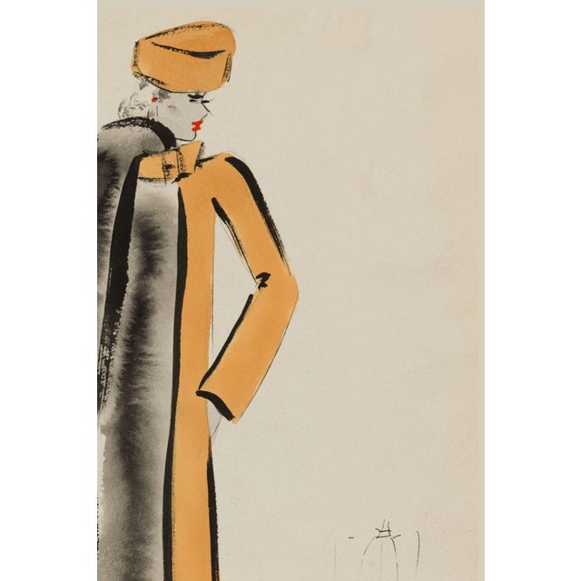 Vintage French Fashion Art Print – Golden Yellow Coat Illustration, 18" X 24" For Sale In Buffalo - Image 6 of 9