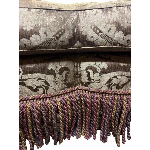 2010s Rose Tarlow Melrose House Attr. Tufted Trefoil Ottoman in Silk Damask W Bullion Fringe For Sale - Image 5 of 5