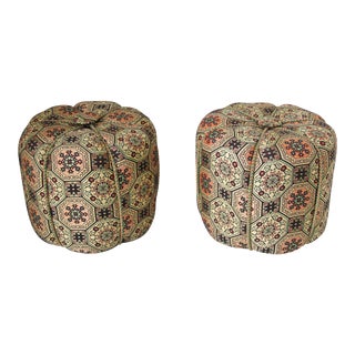 Contemporary Moroccan Pouf Upholstered Round Stools - A Pair For Sale