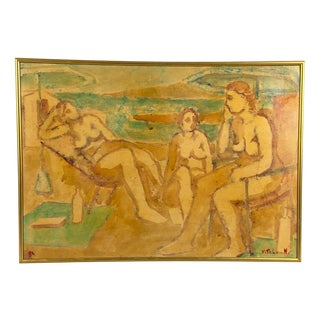 Nazzareno Vitali, Female Figures on the Beach, 1984, Mixed Media Painting For Sale