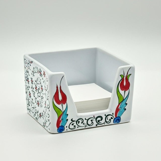 Ceramic Handmade Ceramic Sticky Note Holder – Red Tulips & Spiral Vines – Iznik Desk Accessory For Sale - Image 7 of 7