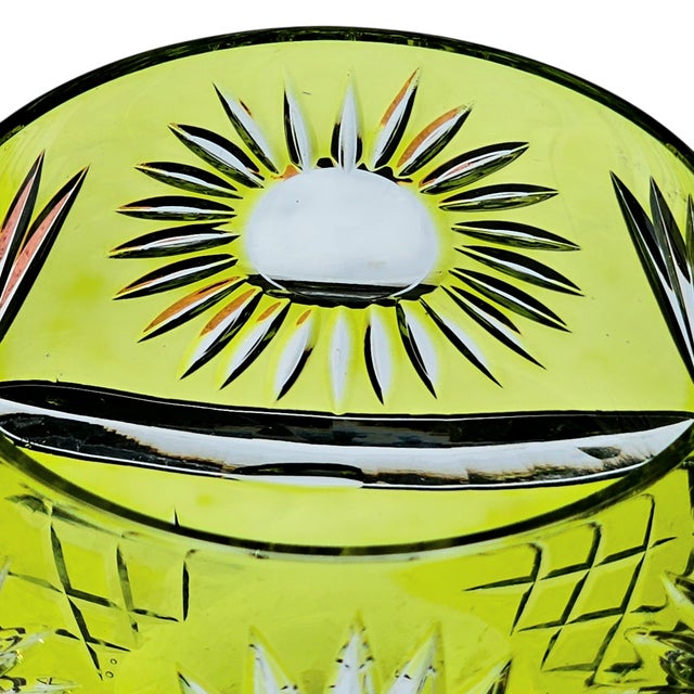 Lime Exquisite Bohemian Bohemian Lime Green Cut to Clear Wine Glass With Fans Floral Design For Sale - Image 8 of 11