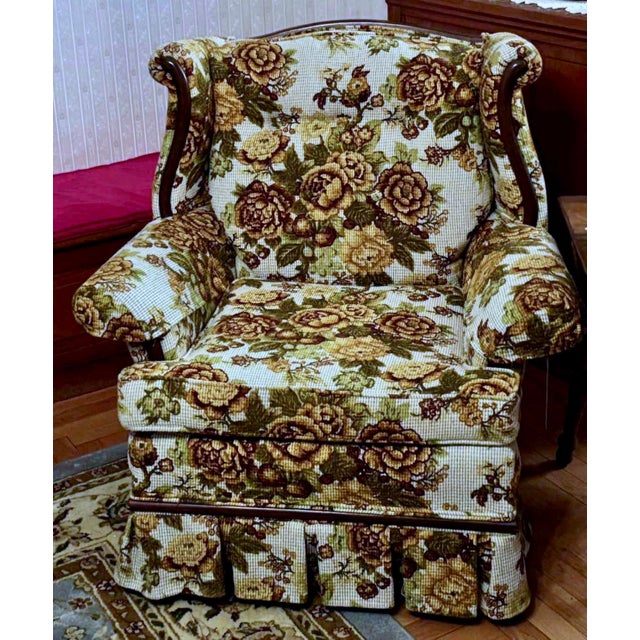 Matched two-piece set from Clayton Marcus of Hickory, NC — camelback sofa with companion wingback chair, both in original...