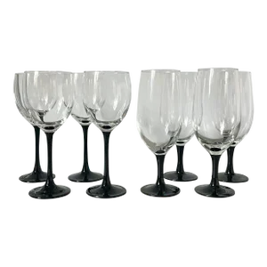 1990s Cristal d'Arques Black Stem Drinkware Set of 8 - Water & Wine Goblets