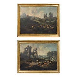 After Domenico Brandi, The Mammolo Bridge and a Roman Landscape with Ruins, Naples, Early 18th Century, Oil Paintings on Canvas, Framed, Set of 2 For Sale