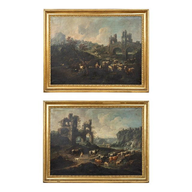 After Domenico Brandi, The Mammolo Bridge and a Roman Landscape with Ruins, Naples, Early 18th Century, Oil Paintings on Canvas, Framed, Set of 2 For Sale