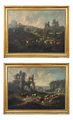 After Domenico Brandi, The Mammolo Bridge and a Roman Landscape with Ruins, Naples, Early 18th Century, Oil Paintings on Canvas, Framed, Set of 2