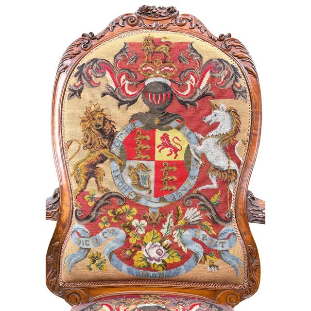 Victorian Walnut Armchair with Royal Coat of Arms Upholstery, 1860 For Sale - Image 3 of 14