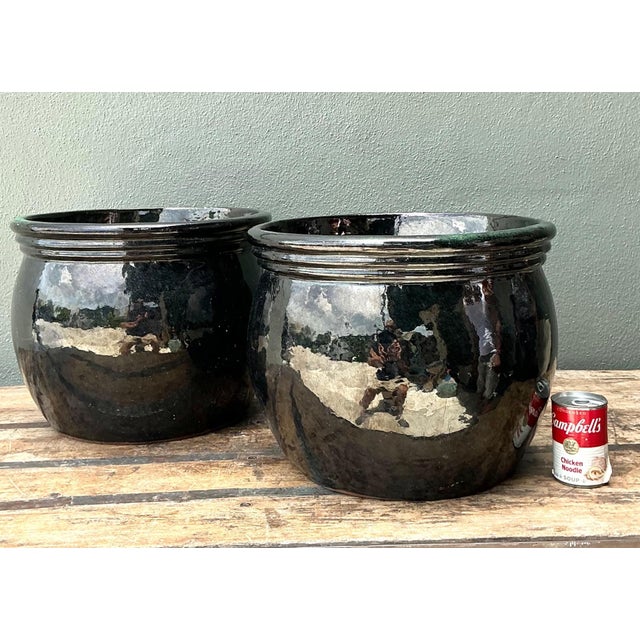 Ceramic Vintage Ceramic Planters in Black Over Green Glaze - Set of 2 For Sale - Image 7 of 17