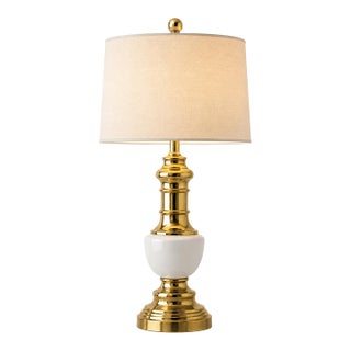 Vintage Polished Brass & White Ceramic Table Lamp With Linen Drum Shade & Oversized Brass Finial For Sale