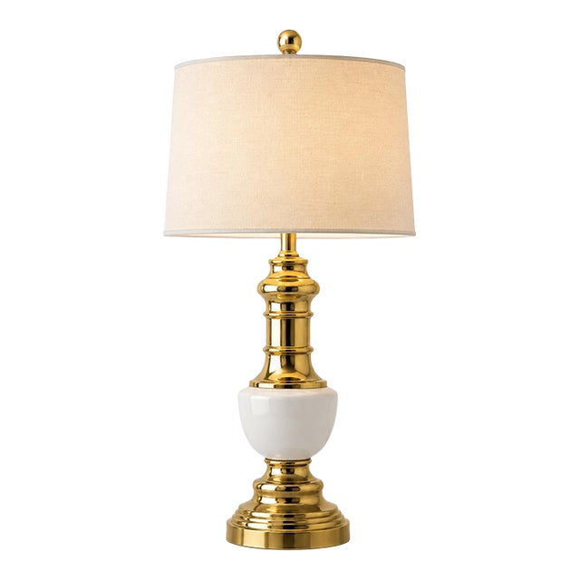 Vintage Polished Brass & White Ceramic Table Lamp With Linen Drum Shade & Oversized Brass Finial For Sale