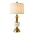 Vintage Polished Brass & White Ceramic Table Lamp With Linen Drum Shade & Oversized Brass Finial For Sale