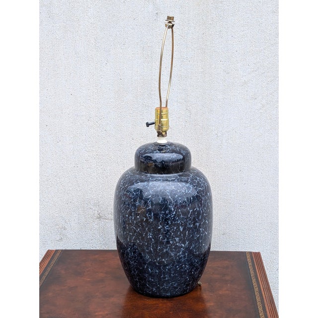 Vintage Dark Blue Ginger Jar Ceramic Table Lamp With Crackle-Style Glazed Finish For Sale - Image 4 of 6