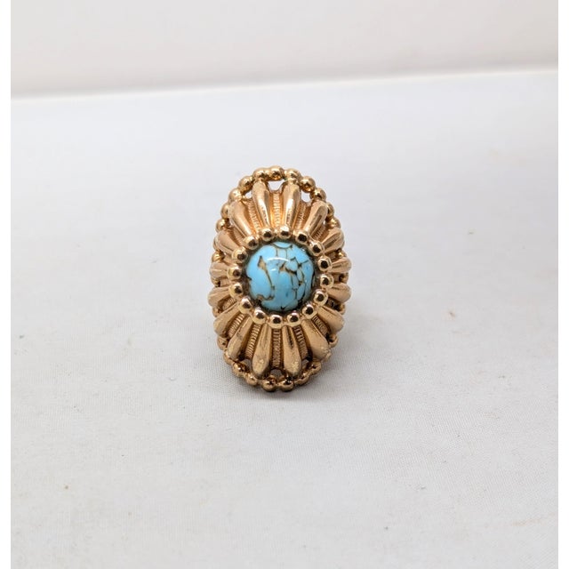 Turquoise Vintage 1960s Signed Napier Goldtone Faux-Turquoise Adjustable Cocktail Ring For Sale - Image 8 of 14