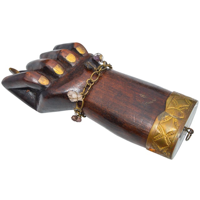 Vintage handmade Art Deco wall hanging and accent. Featuring intricate wood carvings, brass inlay and ornate bracelet with...