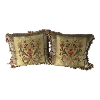 Embroidery Silk & Velvet Crest Pillows with Tassel Trim - a Pair For Sale