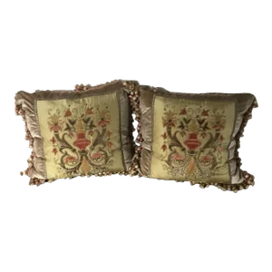 Embroidery Silk & Velvet Crest Pillows with Tassel Trim - a Pair