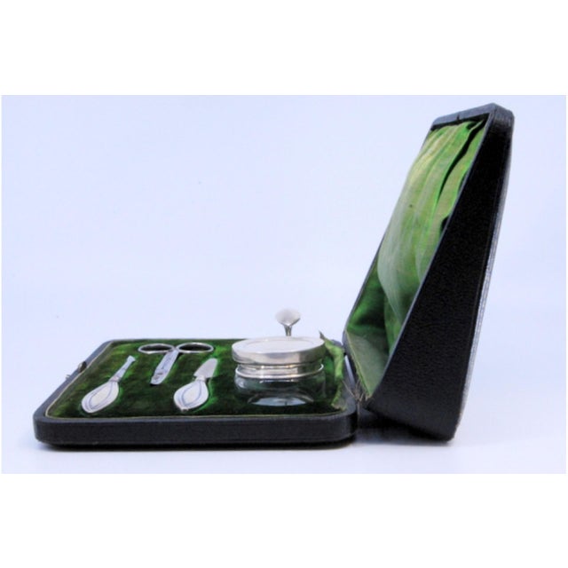 Silver Manicure Set with Hard Case and Green Velvet Interior, Set of 5 For Sale - Image 3 of 7