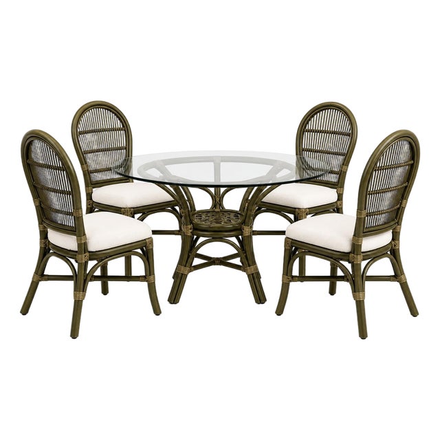 Ritana Coastal Rattan Dining Set — 5 Piece Round Glass Top Table With Four Cane-Back Chairs, Deep Olive Sagewood Finish For Sale
