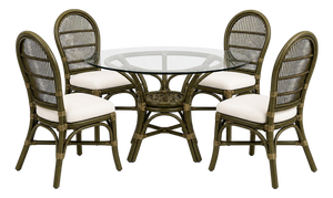 Ritana Coastal Rattan Dining Set — 5 Piece Round Glass Top Table With Four Cane-Back Chairs, Deep Olive Sagewood Finish