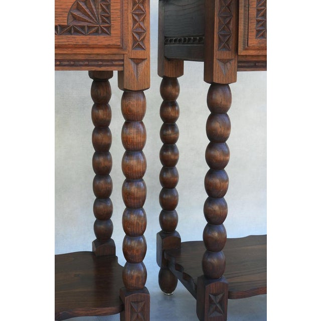 Brown Neo-Basque Carved Oak Single Drawer Nightstands by Charles Dudouyt, France, 1930s, Set of 2 For Sale - Image 8 of 11