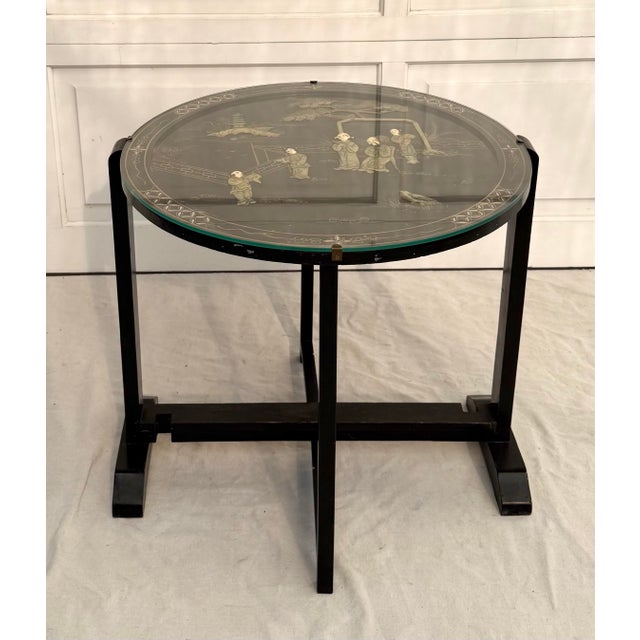 Vintage Asian Black Lacquer Folding Tray Table With Applied Carved Stone Figural Scene For Sale - Image 9 of 12