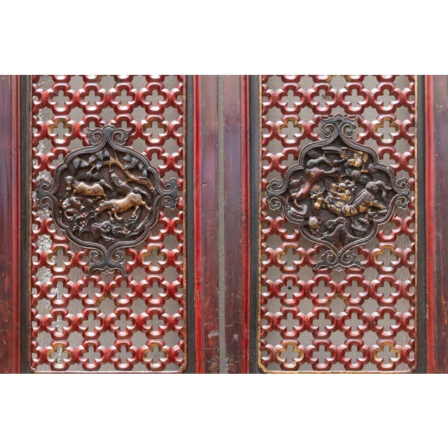 Red Dragon's Gaze Pair of Early 20th Century Chinese Lattice Door Panels For Sale - Image 8 of 9