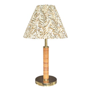 Vintage Modernist Gabriella Crespi Style Rattan Brass Lamp With Pleated Lampshade For Sale