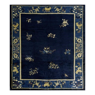 1920s Floral Chinese Square Peking Antique Navy Blue Allover Knotted Wool Rug For Sale