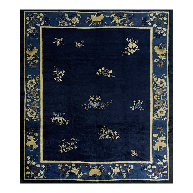 1920s Floral Chinese Square Peking Antique Navy Blue Allover Knotted Wool Rug For Sale