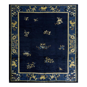 1920s Floral Chinese Square Peking Antique Navy Blue Allover Knotted Wool Rug