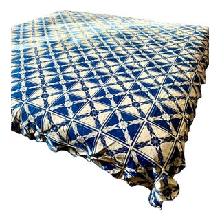 Late 1800s Early 1900s Loom Woven Coverlet / Blue and White Geometric and Floral Design For Sale