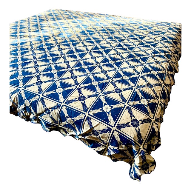 Late 1800s Early 1900s Loom Woven Coverlet / Blue and White Geometric and Floral Design For Sale