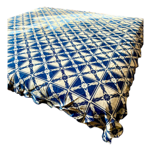 Late 1800s Early 1900s Loom Woven Coverlet / Blue and White Geometric and Floral Design
