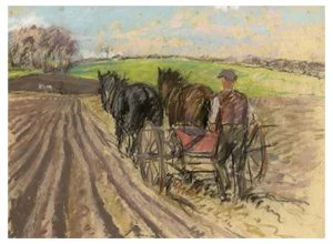 Alice Des Clayes, Ploughman with Horses, 20th Century, Pastel Drawing