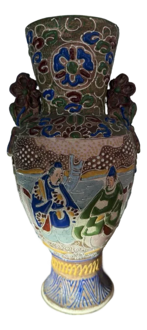 Antique Japanese Satsuma Moriage Vase Meiji Period Figural 10.5 Inch